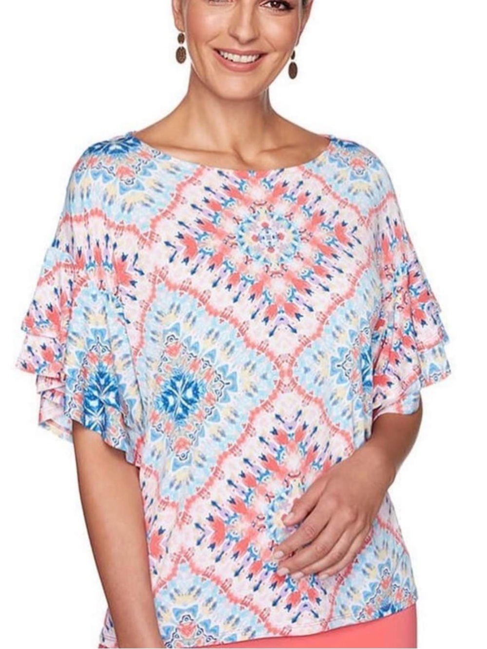 Women's Coral & Blue Medallion Ruffle Sleeve Top
